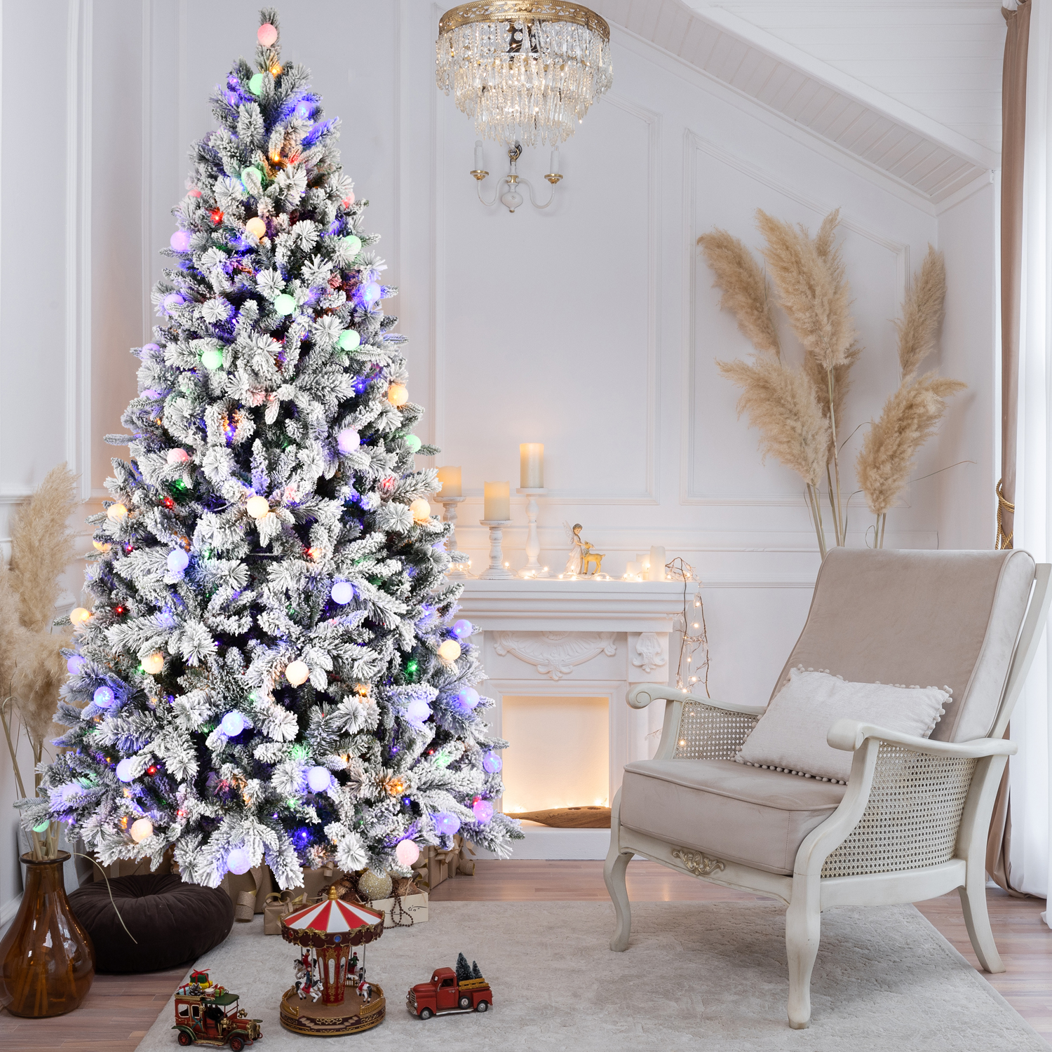 Flocked Christmas tree 7.5ft PE/PVC/Hard needle mixed tree(memory wire+power pole), 1,253+ tips, 400L bi-color led with G45bal