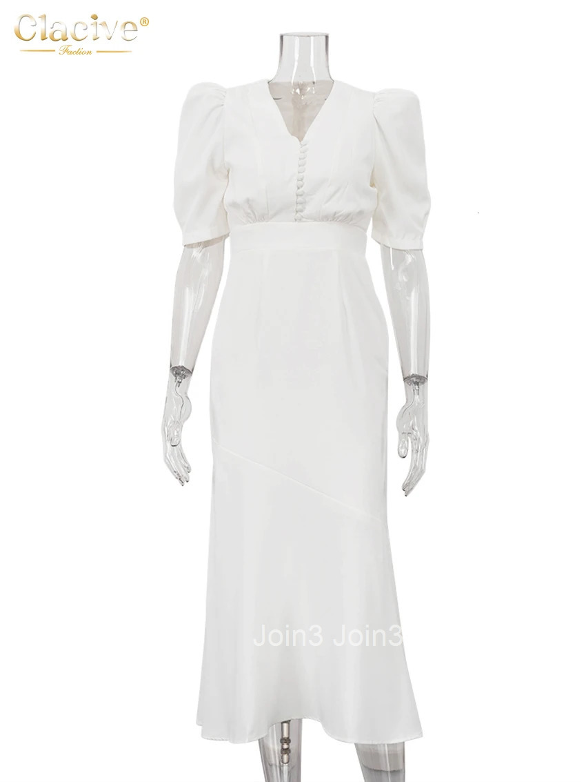 Clacive Summer Slim White Womens Dress Fashion V-Neck Short Sleeve Midi Dresses Elegant Classic High Waist Female Dress
