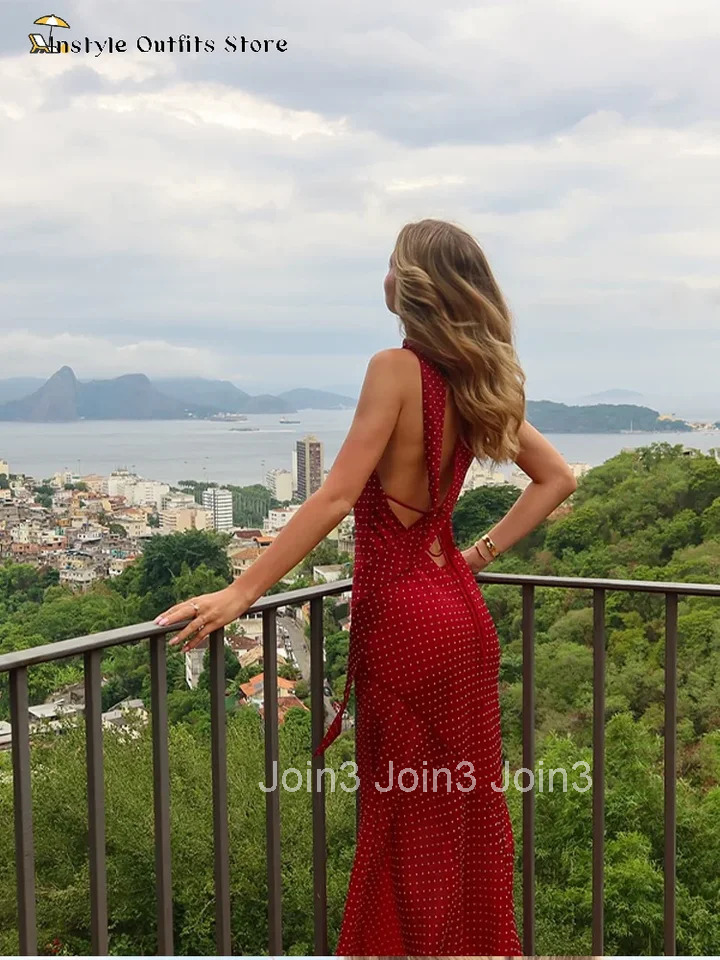 Dot Halter Maxi Dress Women V-neck Backless Lace up Dresses Woman Patchwork Hip Package Elegant Summer Holiday Elegant Robe Lady