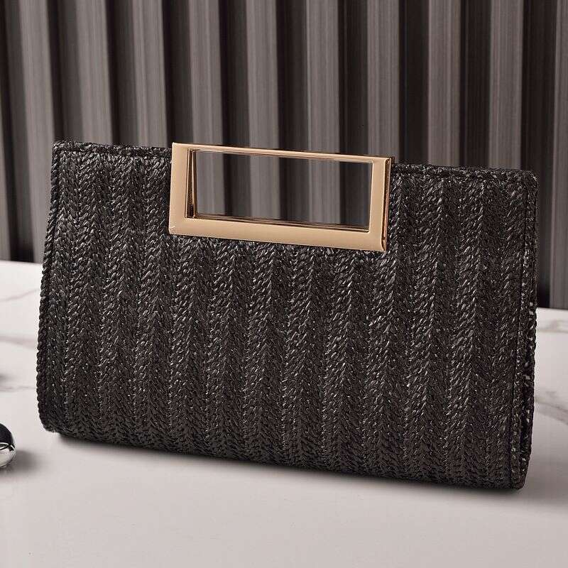 2025 New High-End Straw Woven With Square Buckle Hardware Clutch Simple Evening Solid Color Bag