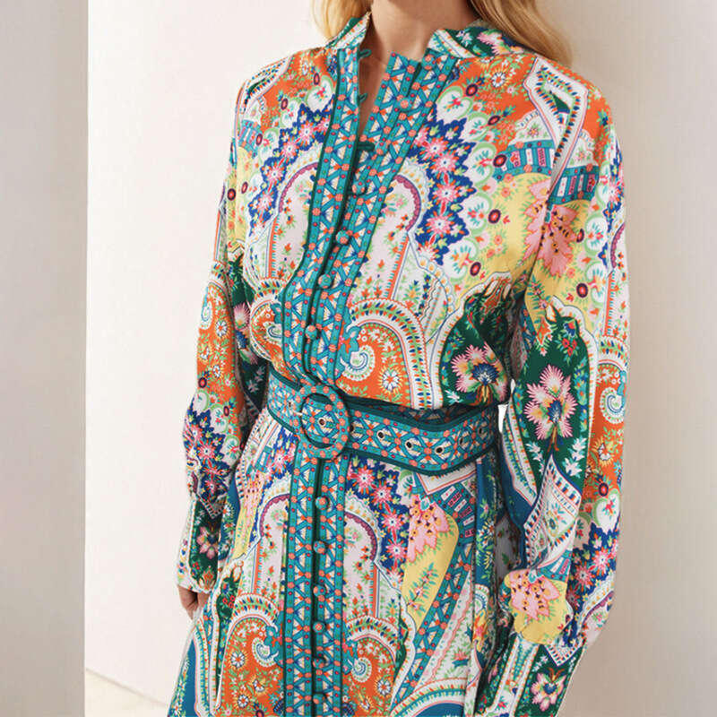 Women's Court Style Vacation With Stand Collar, Lantern Sleeves, Pleated Print, Waist-Cinching Design, Spring Dress B5