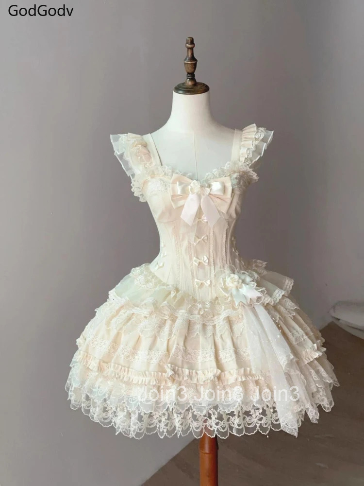 Japanese Sweet Princess Lolita Elegant Woman Party Dress Y2k Chic Bow Fairy Vintage Dress Slim Flower Lace Retro Outfits Summer