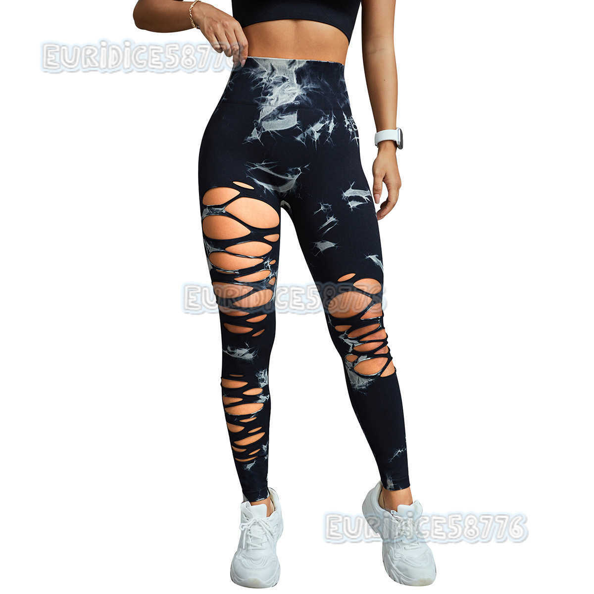 Seamless Tie-dye Ripped Yoga Pants Sexy Butt-lifting High-waist Hollow Sports Tight Yoga Leggings H250806