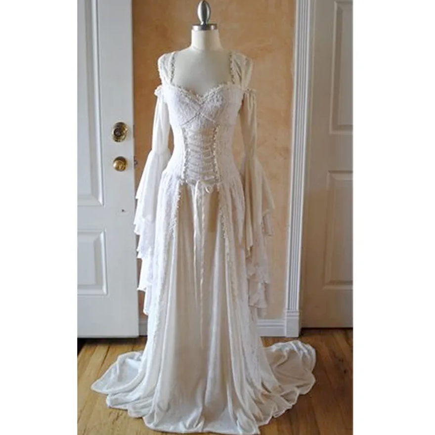 Medieval Lace A Line Wedding Dresses For Women 2025 Flare Long Sleeves Vintage Renaissance Cletic Bridal Gowns Corset Plus Size Bride Dress