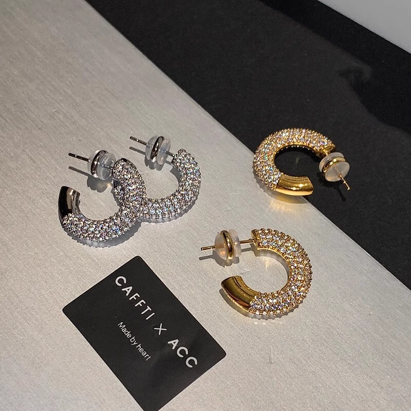 Sterling Sier Needle Style Simple C-shaped for Women Exquisite Micro-inlaid 5A Grade Zirconia Stud Earrings Real Gold Plated Ear Jewelry