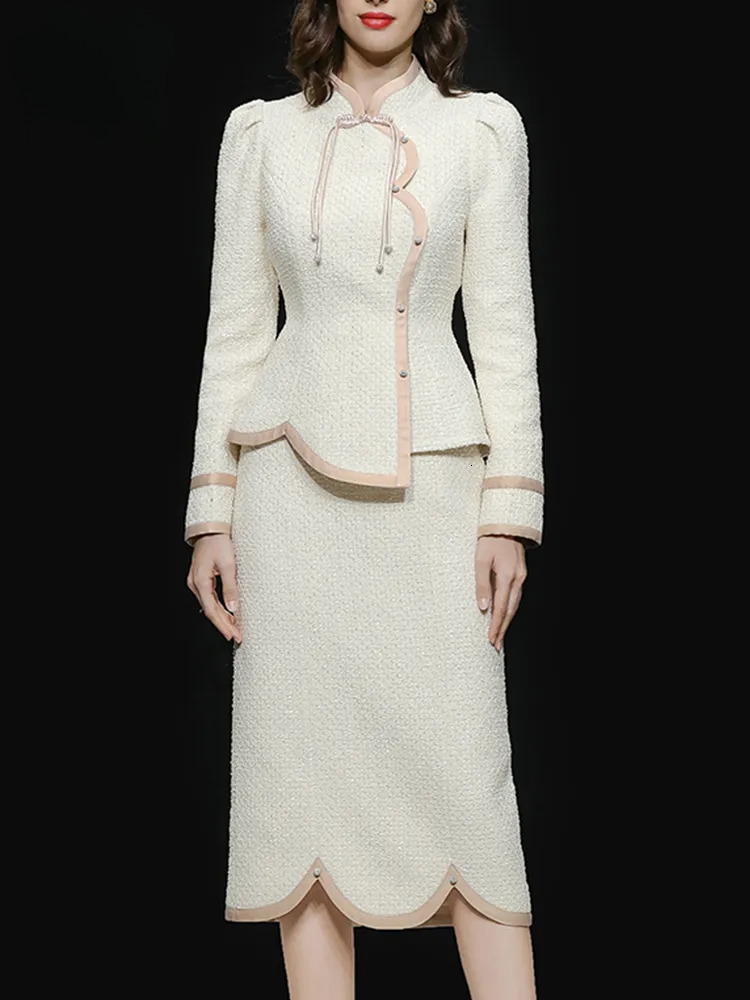 Two Piece Dress H Han Queen Women Autumn Winter Casual Tweed 2 Pieces Set Vintage Stand Tops Pencil Skirt Korean Elegance Simple Suit