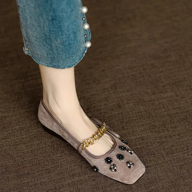 Casual Woman Shoe Square Toe Metal Chain Female Footwear Low Heels Pearl Decorateion Soft Retro Buckle Dress Beading 250731