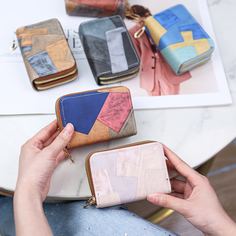 New Double Zipper Accordion Card Holder Color Block Multifunctional Short Wallet Multi-Card Slot Coin Purse