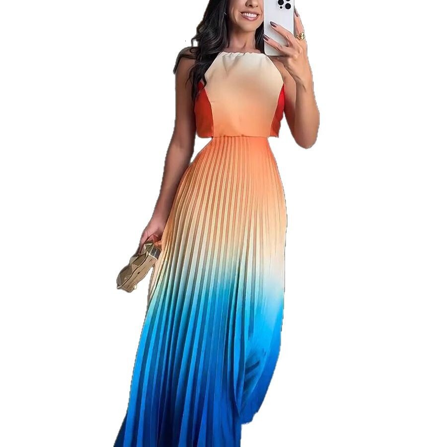 New European and American sleeveless trend pleated backless gradient dress for summer 2025, new designer dress
