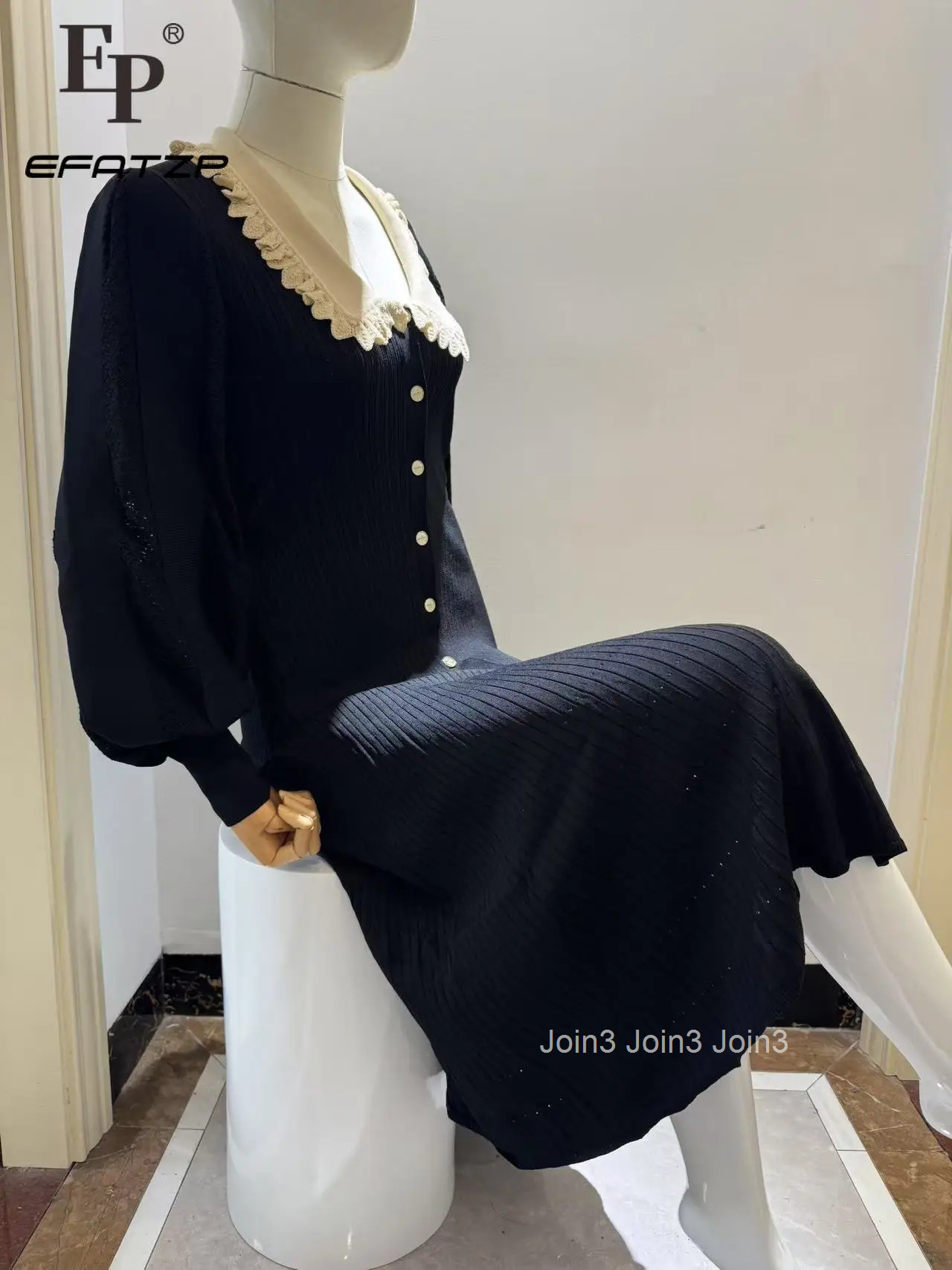 Elegant Black Knitted Dresses New Autumn Women Fashion Lapel Lantern Sleeve Single Breasted Stretch Party Dress 5220350