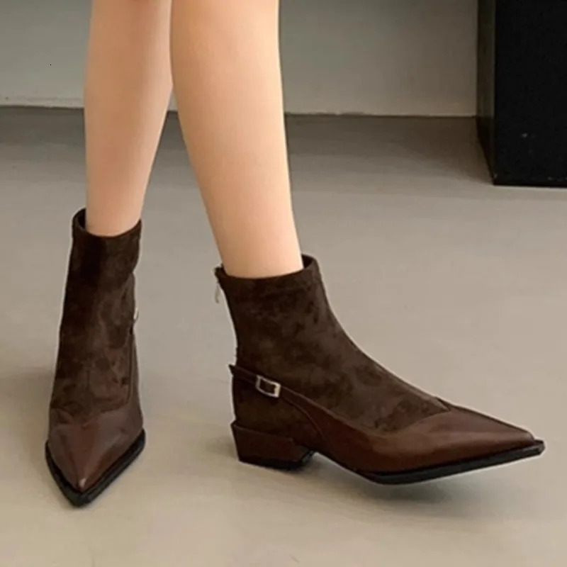 Ankle Boots Womens Thick Heels Mid Heels Suede Pointed Toe 2025 Trend Autumn Outdoor Walking Lightweight Chelsea Boots 250805