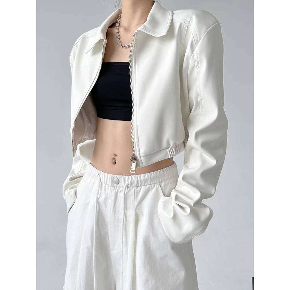 Jackets PU Leather Women Black Lapel Long Sleeve Crop Coats American Retro Streetwear Zipper Fashion Casual Female Outerwear