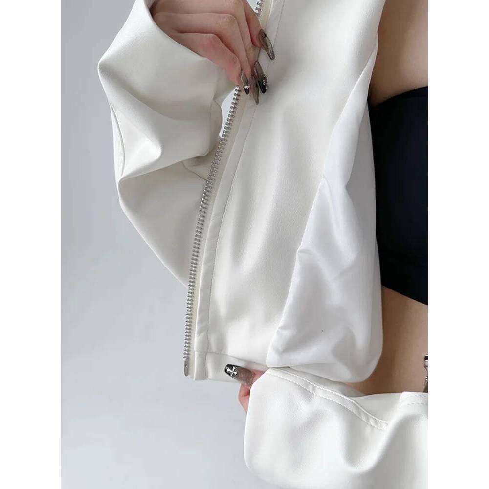 Jackets PU Leather Women Black Lapel Long Sleeve Crop Coats American Retro Streetwear Zipper Fashion Casual Female Outerwear