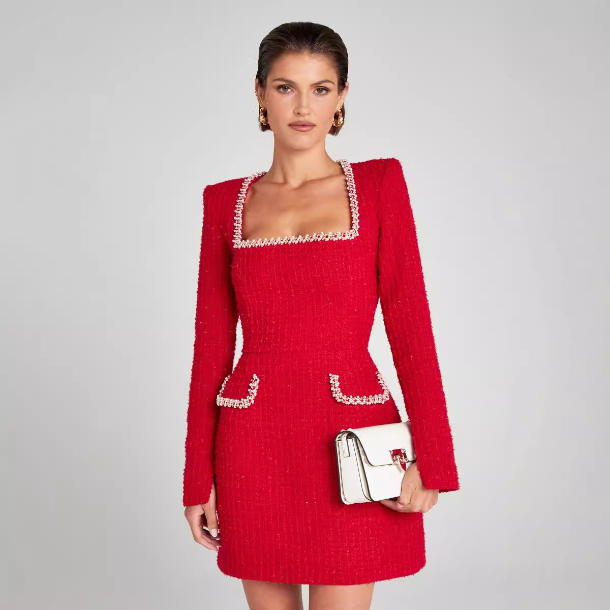 French-style elegant Elegant Slimming Long Sleeve Beaded Chanel Style Dress for Women