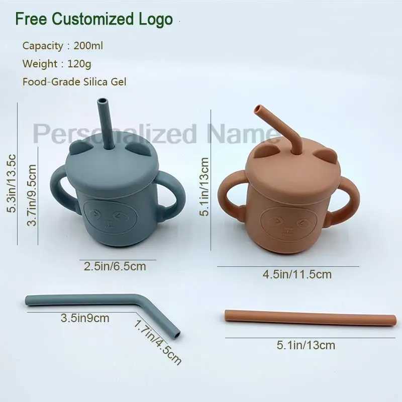 Personalized Name Baby Feeding Drinkware With Lid Straw Cute Bear Silicone Siphon Cup Leak-Proof Non-Slip Children Training Cup X2508061
