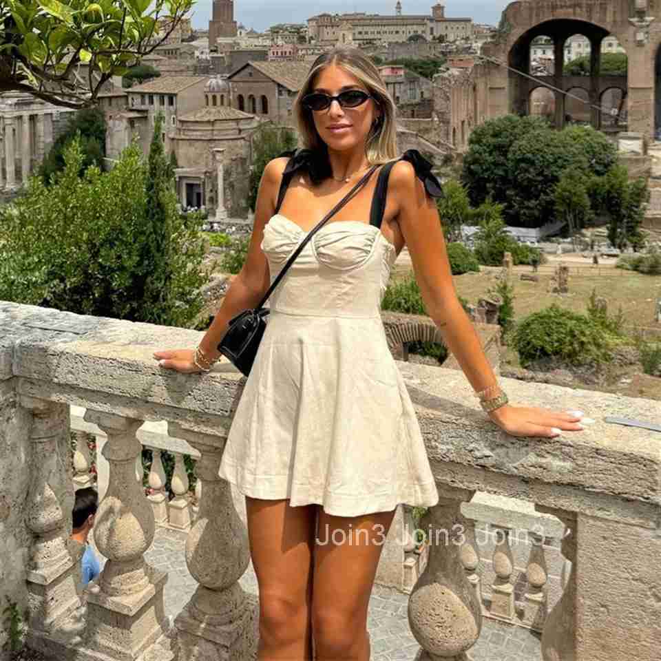 PB ZASpring New Womens Fashion and Elegance Slim Fit Versatile Linen Blended Contrast Bow Decoration Mini Dress