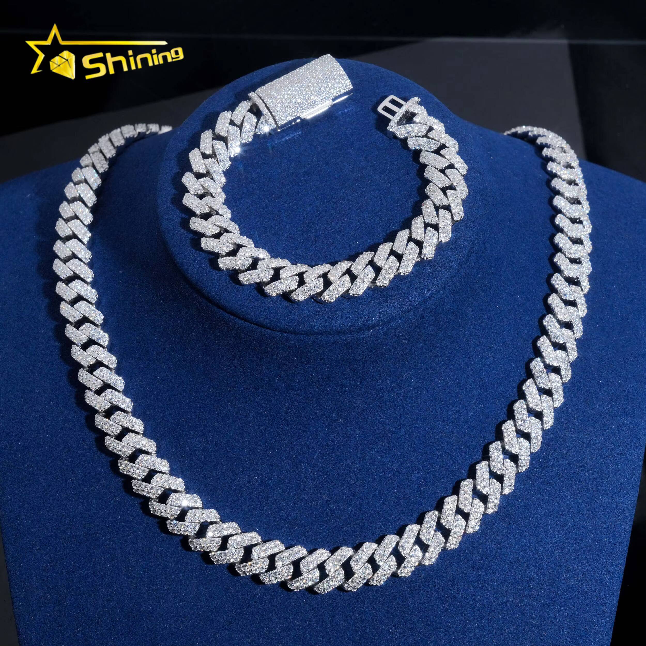 Rapper Hip Hop Miami Necklace Iced Out 12MM 2Rows Diamond 925 Sterling Silver Moissinite Cuban Link Chain