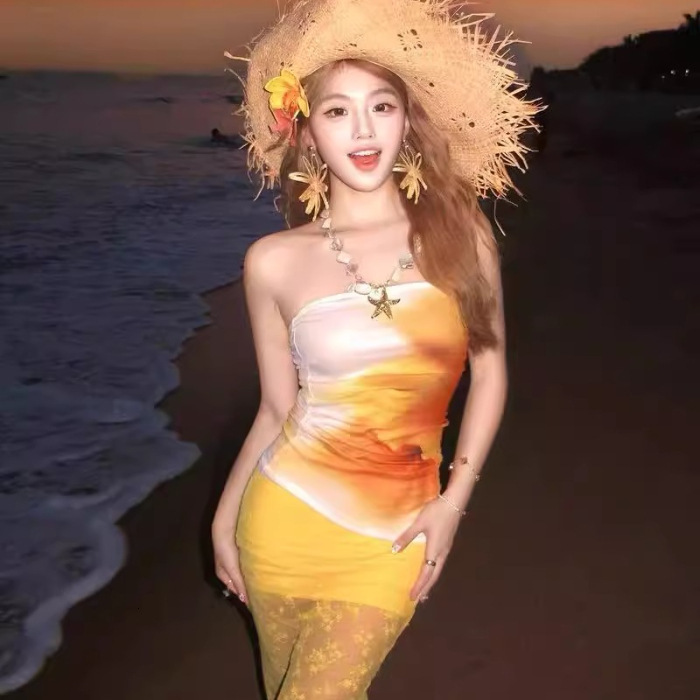 2025 summer dopamine vacation style lace trend transparent mermaid dress sunset print strapless top set long skirt new designer dress