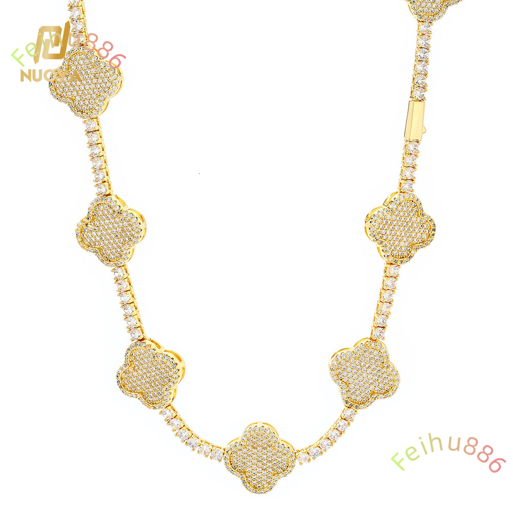 Hip Hop Fine Jewelry Four-Leaf Clover Tennis Chain Necklace Women 18K Gold Plated Moissanite Iced Out Bling Diamond Chain