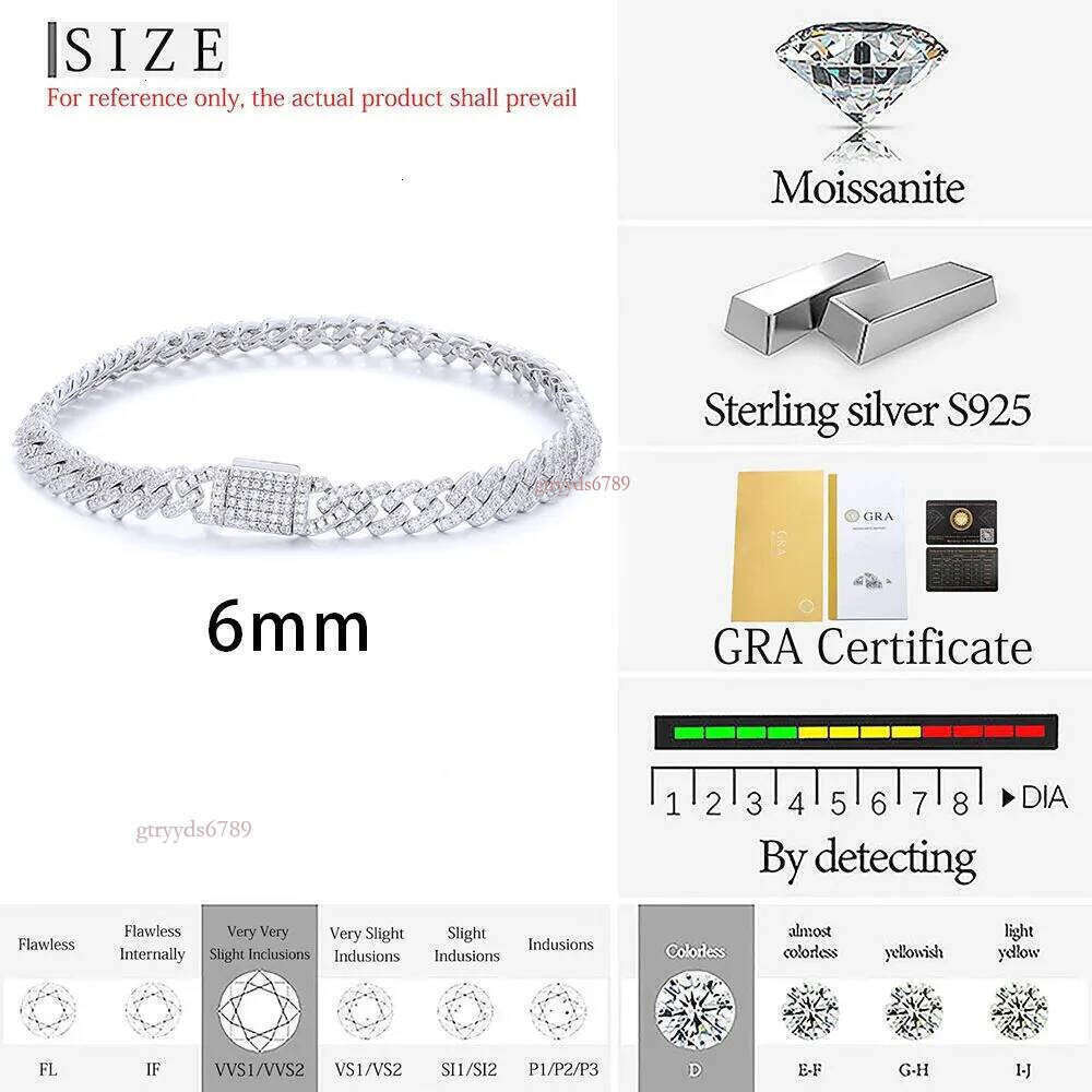 High-end designer necklace and bracelet 6mm Tested Morganite Cuban Necklace in Pure Sier Brand - VVS Grade Single Row Fine Chain with Ice Crystal Inla