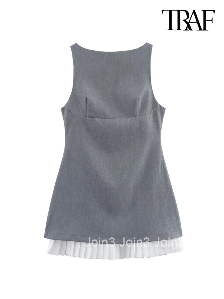 TRAF Womens Fashion Elegant and chic white pleated hem spliced gray dress Sexy Slim round neck sleeveless A-line mini dress