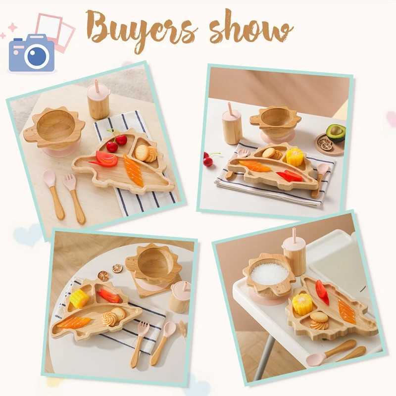 Baby Bamboo Wooden With Silicone Suction Tableware Children Cartoon Dinosaur Feeding Bowl Spoon Fork Set Kid Feeding Accessories X250806