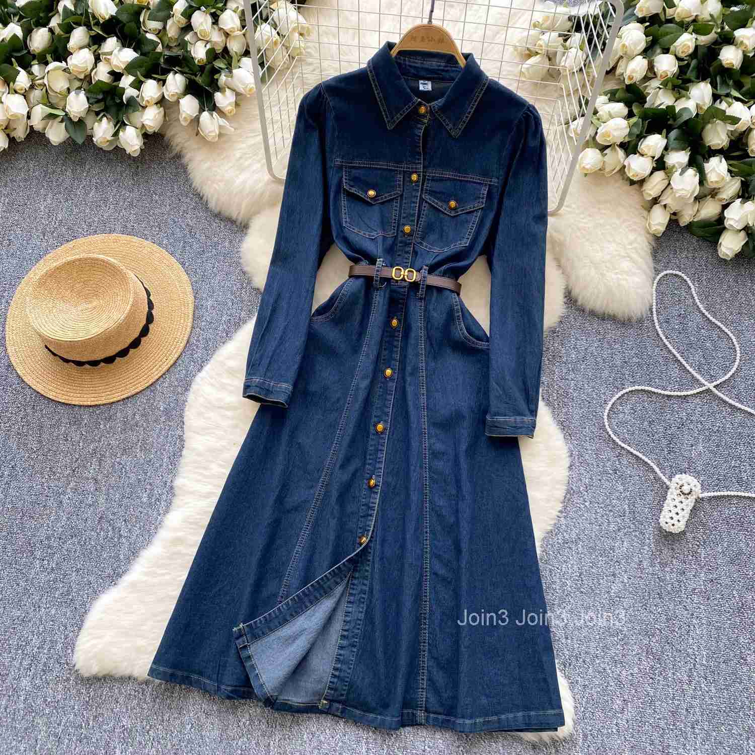 Elegant Polo-neck Vintage Long Sleeve Chic Single Breasted Slim Sashes Cowboy Dresses Korean Office High Street Autumn Clothing