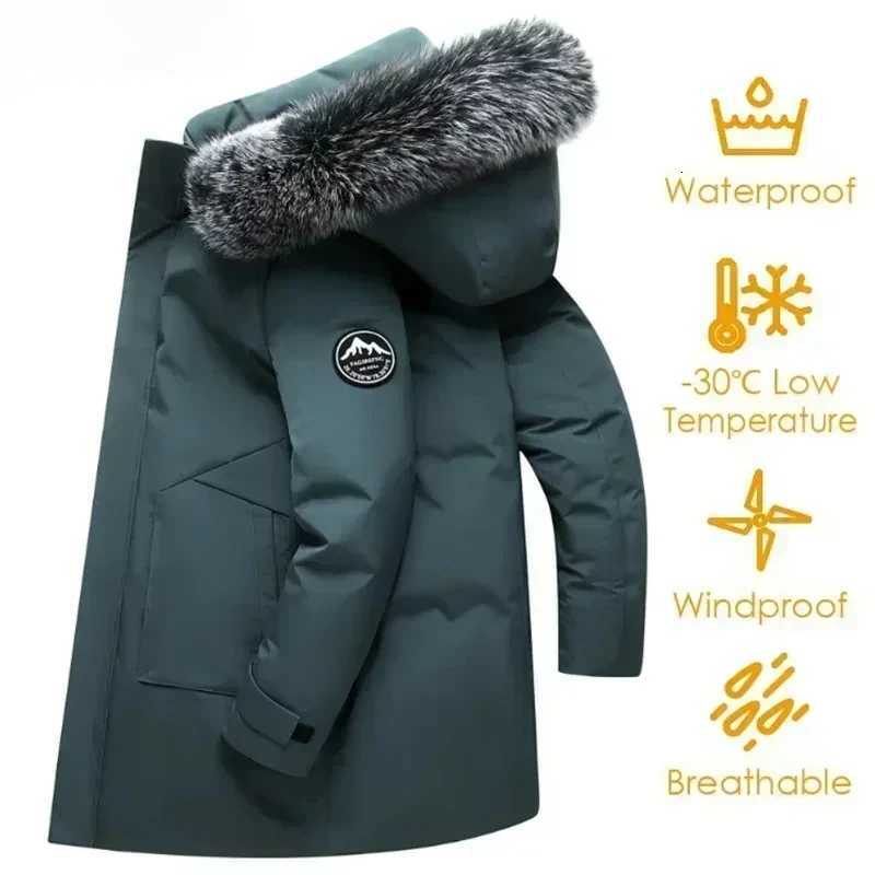 Winter Mens Brand Long Style Down Jacket Casual Fur Collar Hooded White Duck Down Warm Coat for Mens Mountaineering Warm Coat W250806
