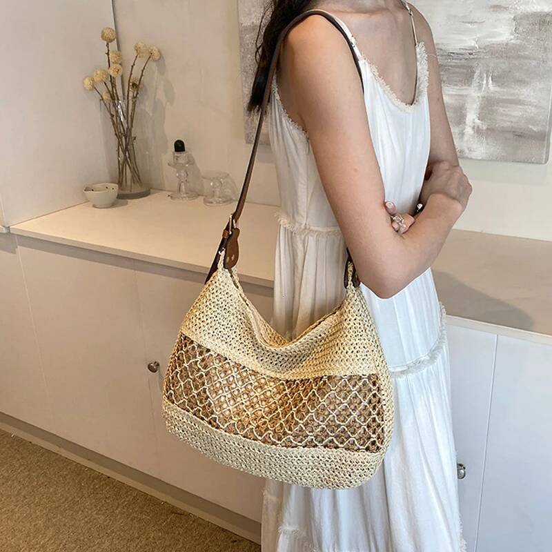Large Capacity Summer Straw Weaving Shoulder Women's Handmade Crochet Beach Handbag Woven Hollow out Underarm Knitting Bag