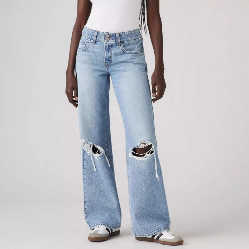 New Knee Ripped Jeans for Women Light Washed Casual Straight Loose Versatile Long Pants