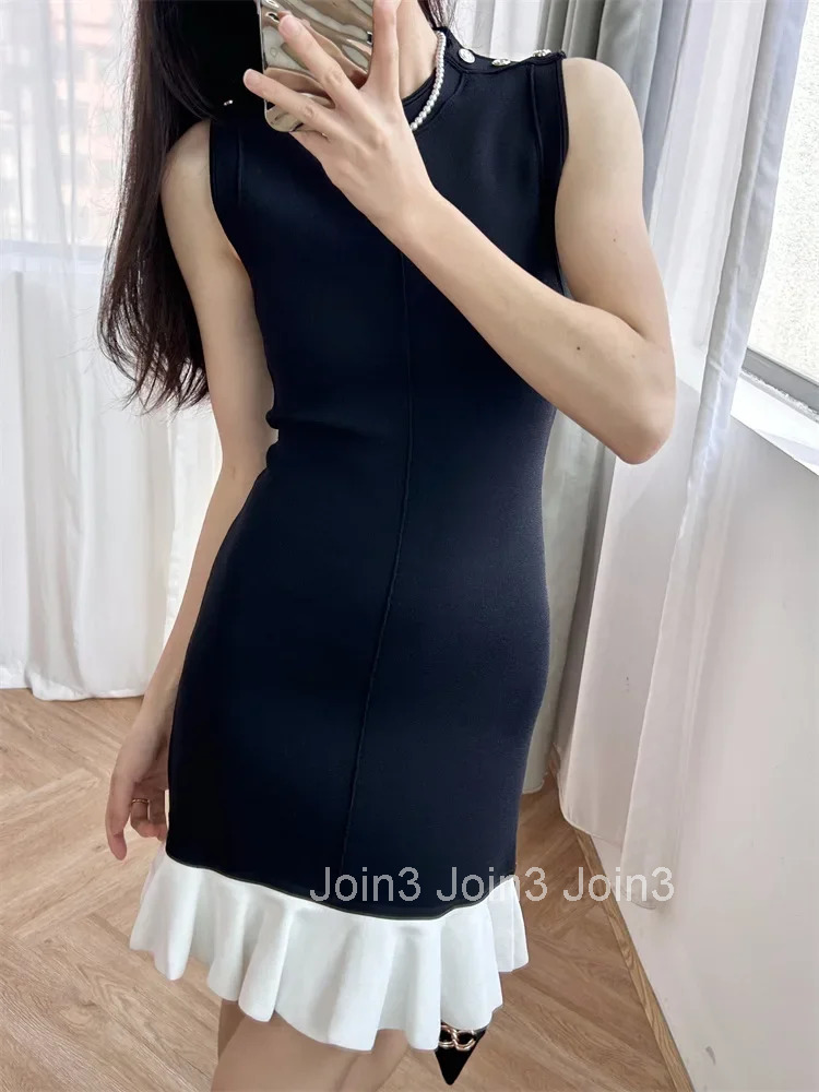 Black Women Sleeveless Ruffles Knit Robe Shoulder Buttons Round Neck Female Elegant Mini Dress Spring Summer