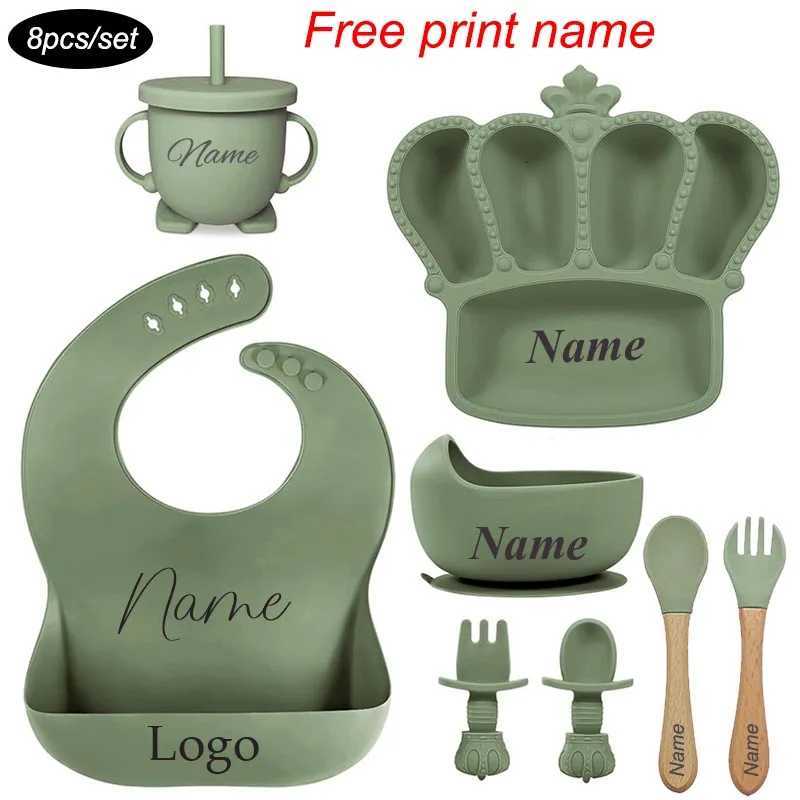 8Pcs Crown Plate For Kids Baby Feeding Set Childrens Silicone Tableware Free Personalized Name Suction Cup Bowl BPA Free X250806
