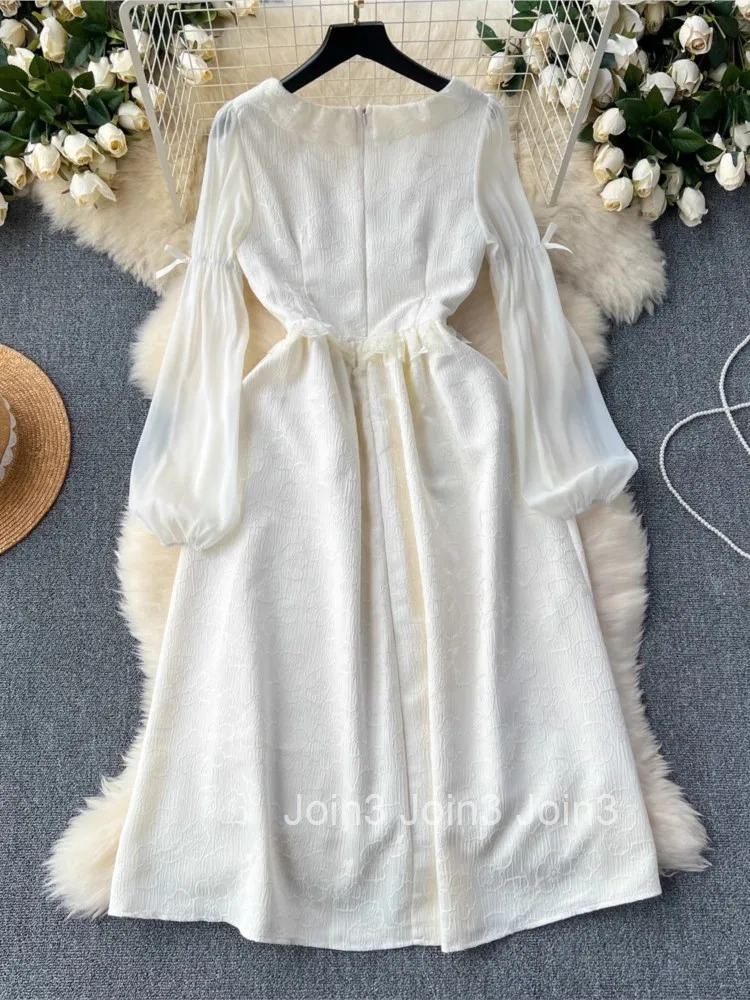 Autumn Elegant Korean Jacquard Fairy Dress Vintage Court Style Lantern Sleeve Princess Party White Dresses Bandage Vestidos