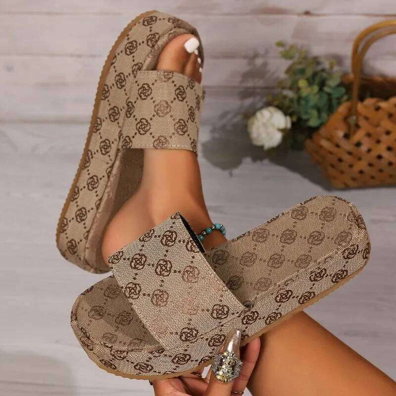 Summer New Round Toe Non-slip for Fashion Flower Khaki Flat Women Beach Sandals Slippers
