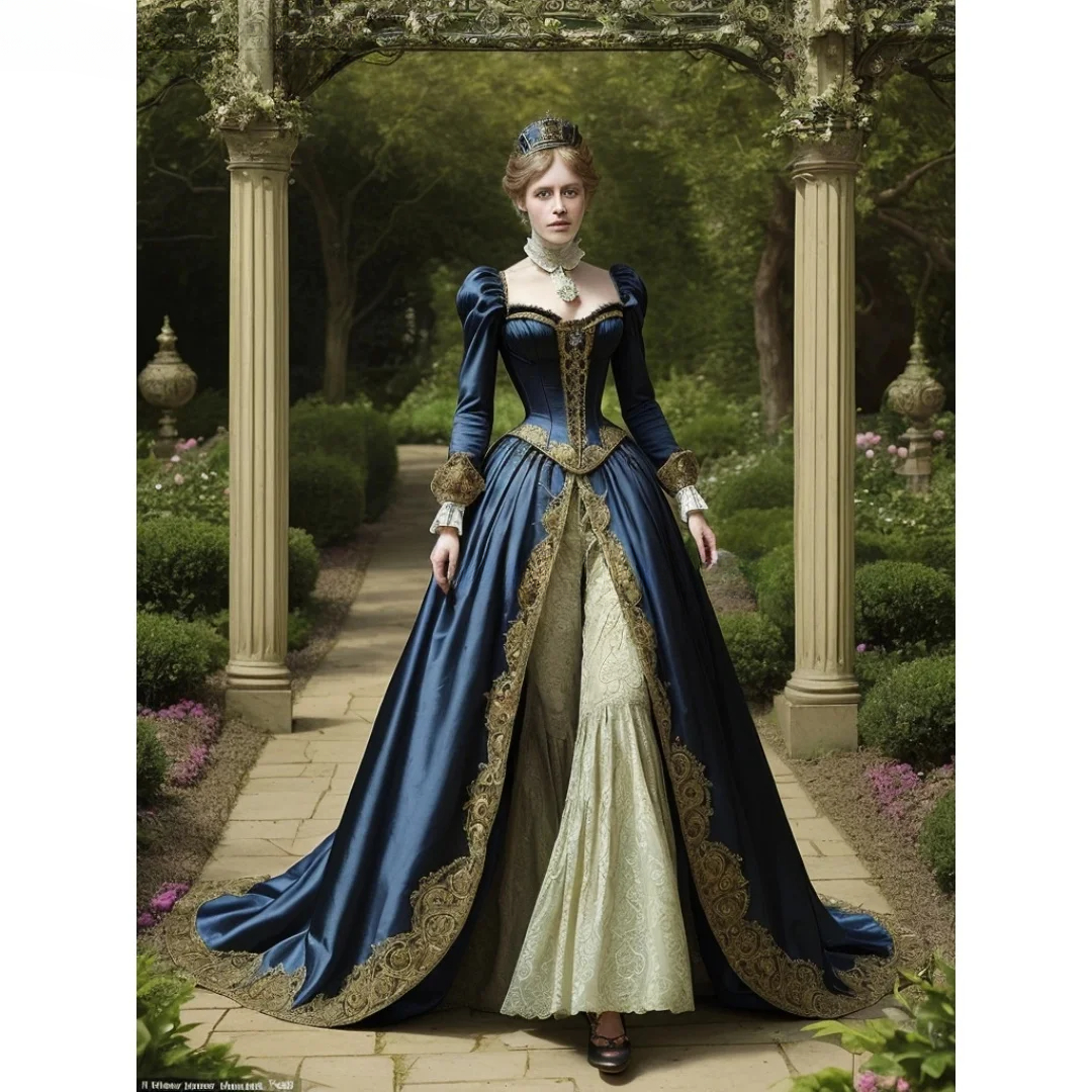 Vintage Victorian Prom Dress Long Sleeves Corset Evening Gown Dark Navy And Champagne A-Line Women Formal Dress Customized