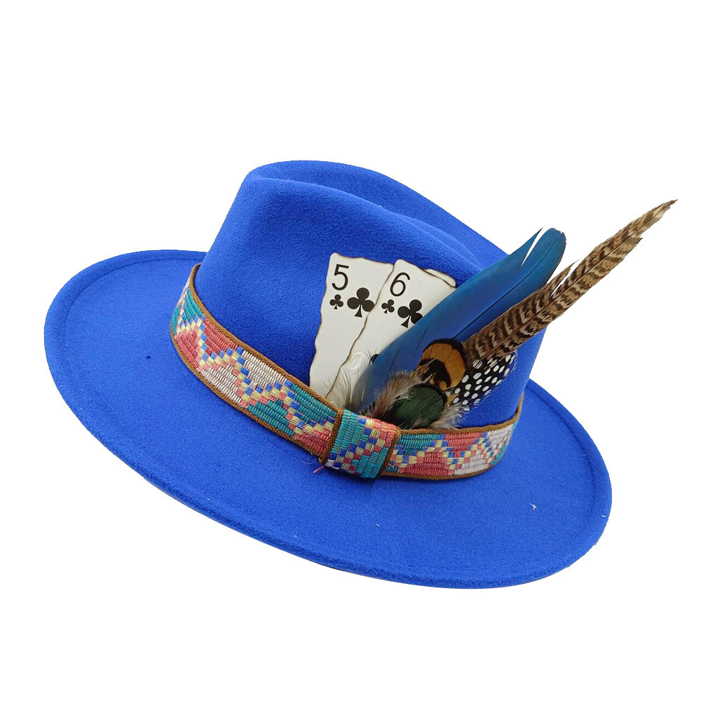 Feather Fedoras Hat Mens and Womens Black Felt Wide Brim Jazz Hat Gentlemens Hat Plum Blossom 8 Poker Card n Fedora Hat 240919