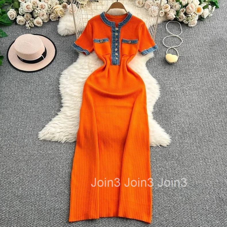 Womens Denim Patchwork Knitted Long Dress Tight French Short Sleeve Dress Fashionable Casual Style Maxi Dress from Mainland Chi