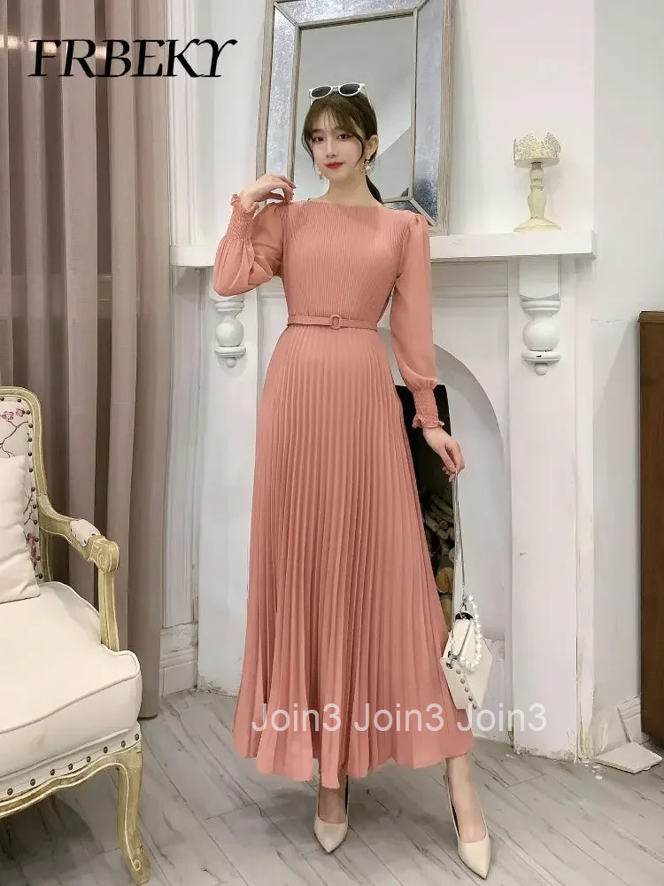 Pleated Dresses New Fashion Waist Slimming Temperament French Dress Elegant Long Sleeve Pleated Waistband Romper Evening Dresses