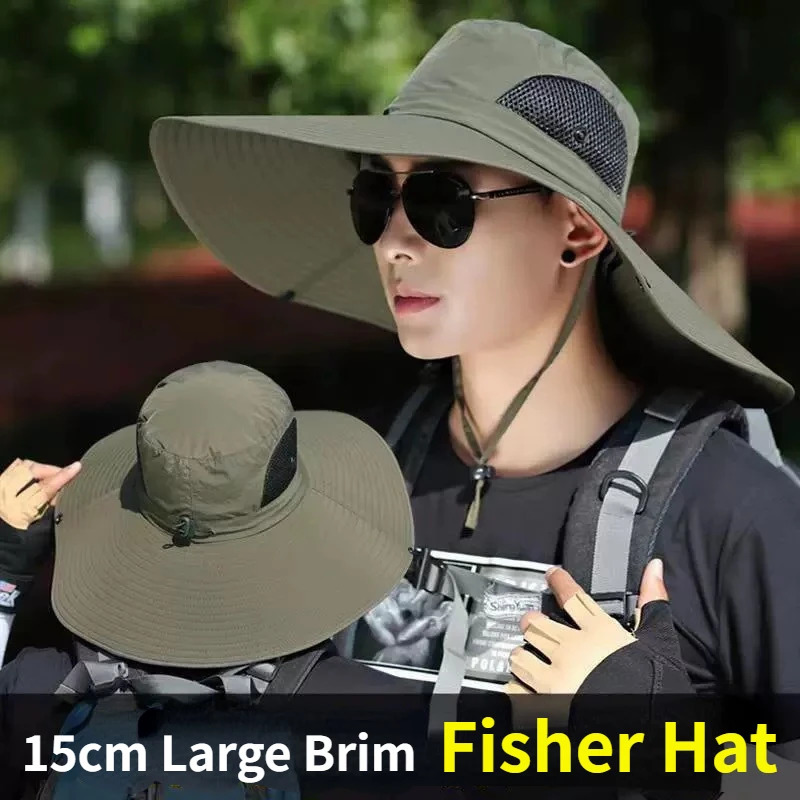 15cm Large Cap Polyester Sun Hat UV Protection Breathable Mesh Cap Foldable Fisher Hat Outdoor Fishing Hiking Beach Caps 250805