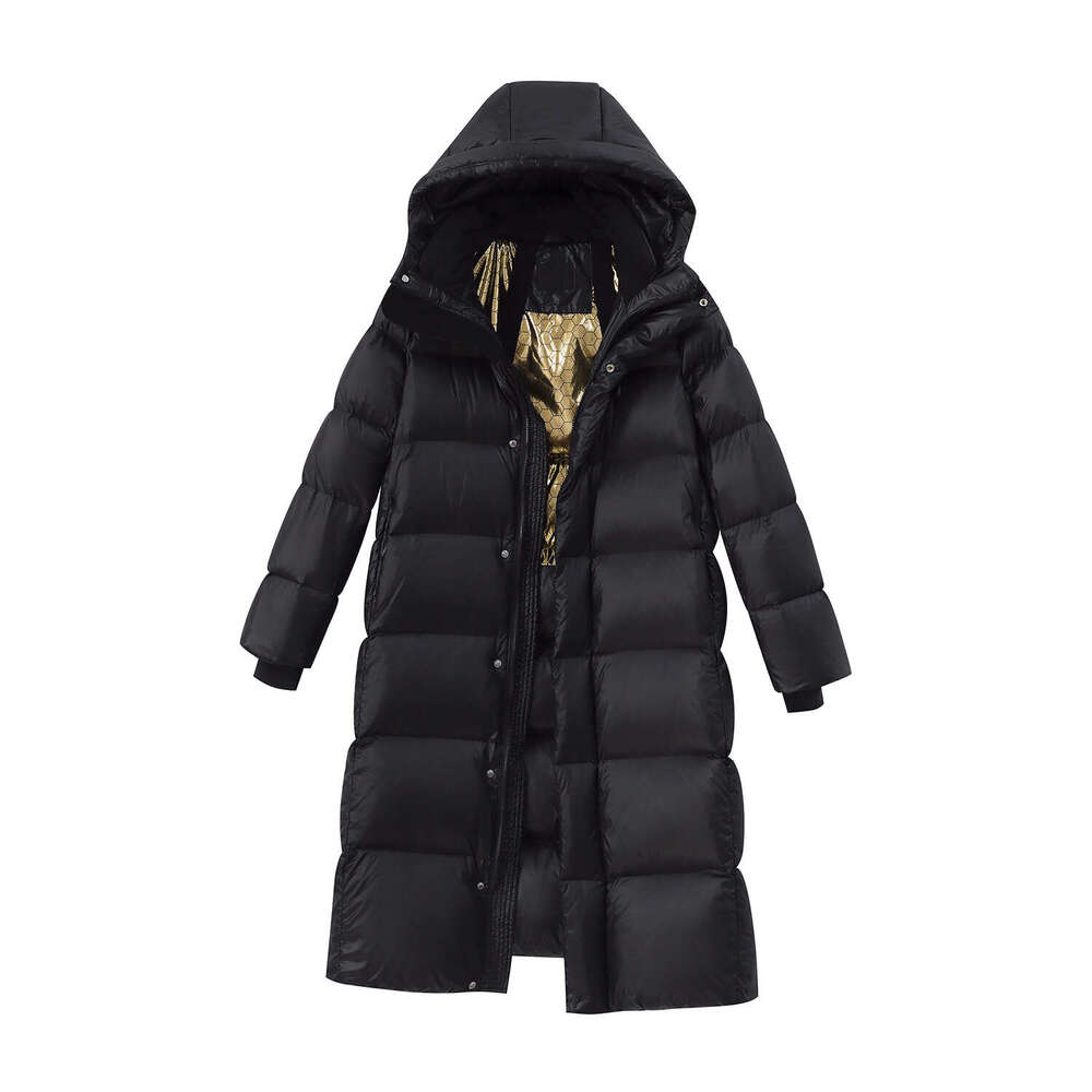 Clothing Winter Black Gold New National Standard White Duck Mid Length Down Jacket Women's Temperament Hooded Windproof Over Knee