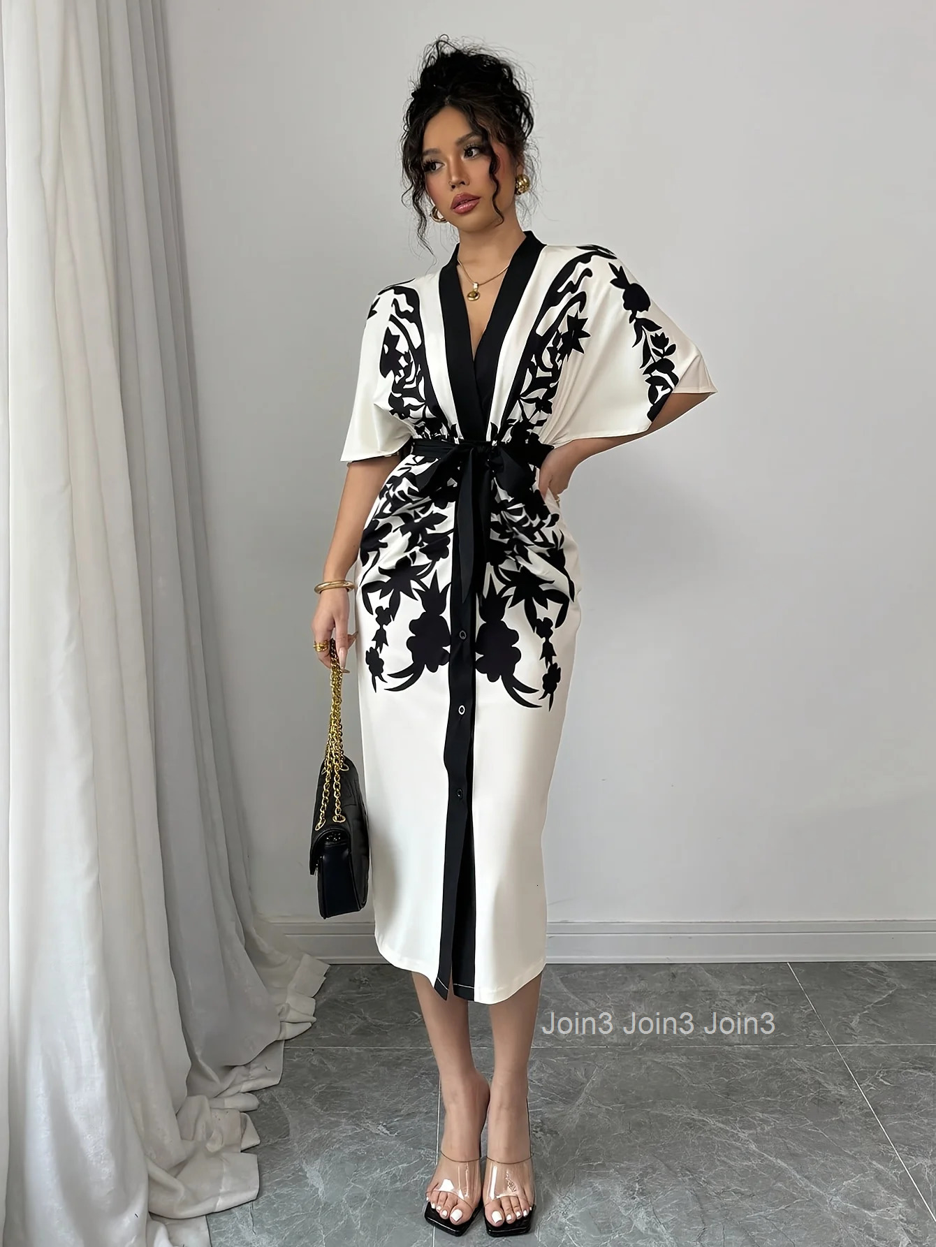 Lemongor Womens Elegant V-Neck A-line Party Dresses New Half Sleeves Flower Printed Tied Waist Urban Office Midi Dress