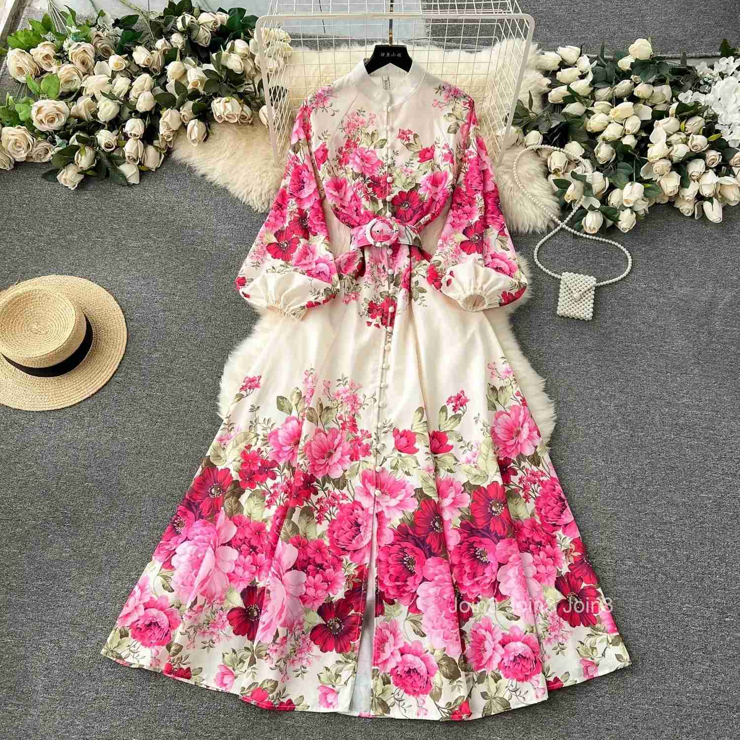 High-end Feelprinting Slimming Dresses Series Spring New Long French Sleeve Elegant Dresses For Women