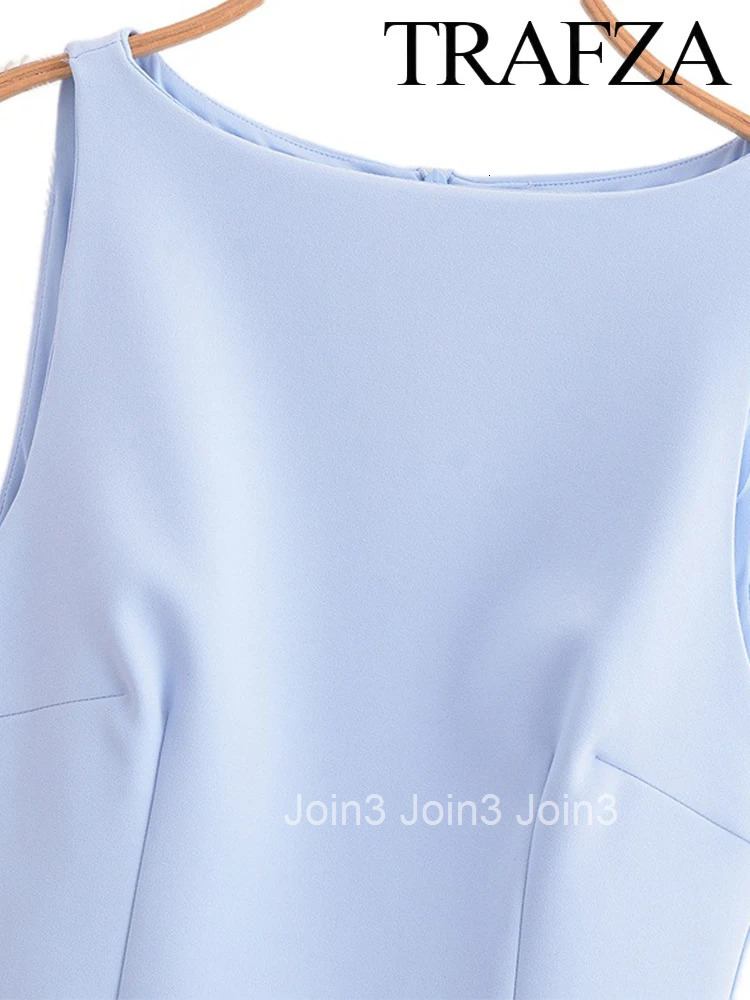 TRAF Womens Summer Solid Colour Sleeveless Round Neck Mini Dress Elegant Belt Decoration Zipper Casual Womens Short Dresses