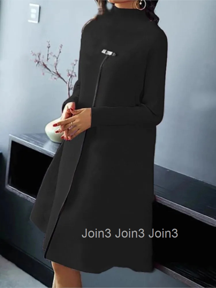 Spring Autumn New Fashion Temperament Style Long Sleeve Dress Elegant Women Round Neck Casual Loose High Split Design Dresses