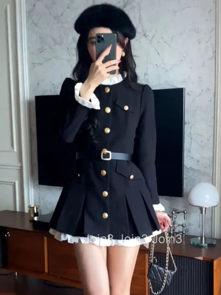 Elegant Woman Party Dress Slim Waist Single Breasted Robe Femme Vestidos De Mujer Vintage Y2k Contrast Color A-line Dresses