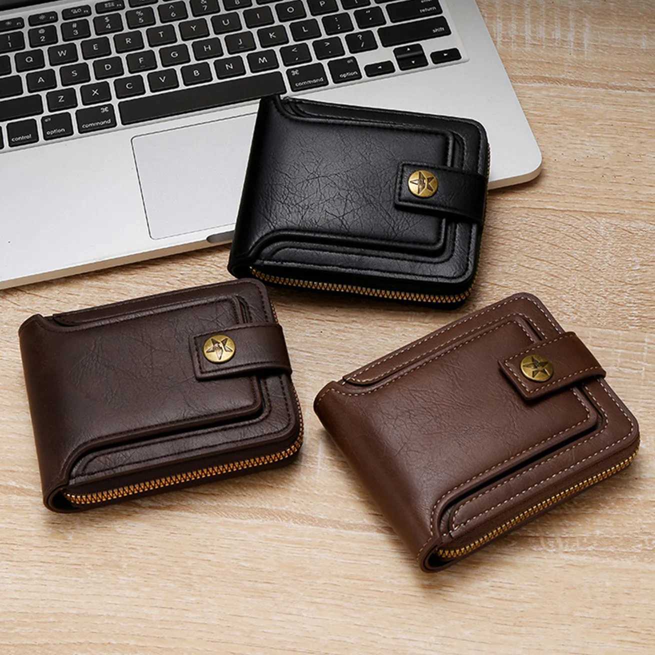 Men High Quality PU Leather Vintage Small Wallet Short Horizontal Zipper Coin Pocket Tri-fold Card Case Purse Mens WalletXJ250806