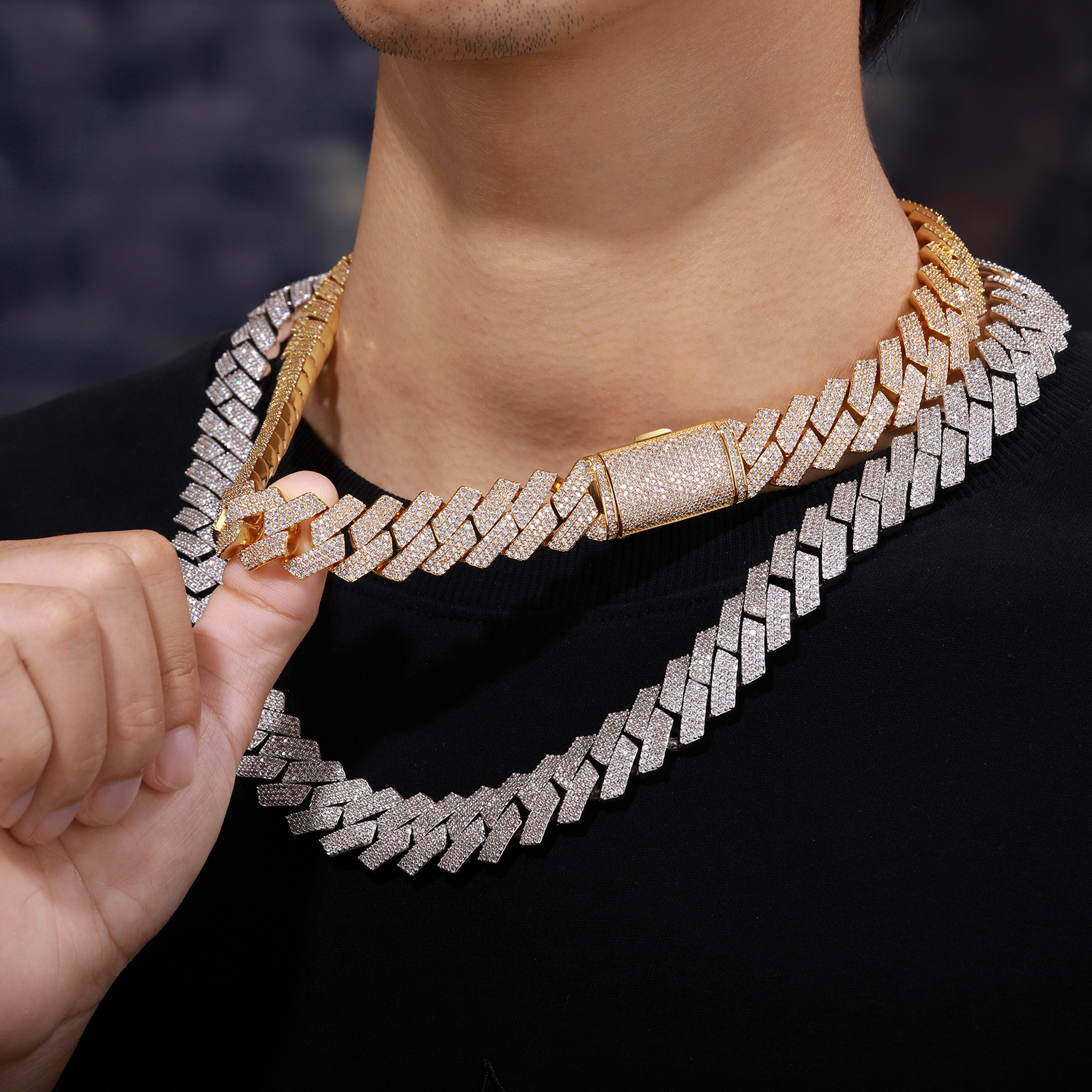 16mm Full Inlaid 3 Row Zirconia Rhombus Cuban Chain Women Hip Hop Singer Street Accessories Necklace for Men