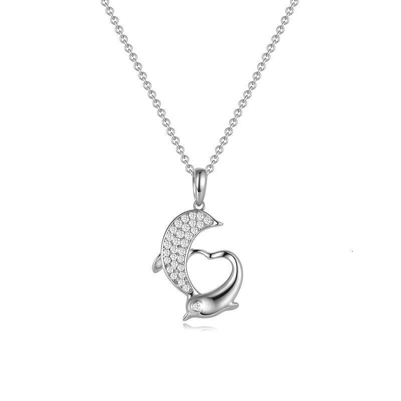 Fashion Korean Version Inlaid Moissanite Dolphin Love Iced Out VVS Necklace for Women, Niche Design, Light Collarbone Chain, Non-Fading