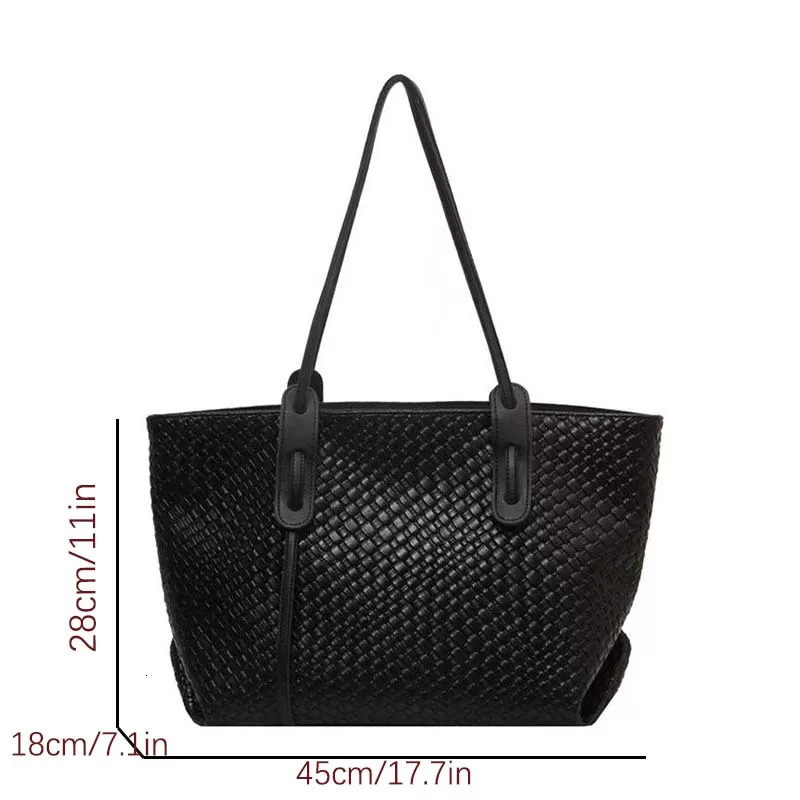 Retro Fashion Classic Solid Color Pu Woven Rhombic Lattice Double Handle Single Shoulder Large Capacity Tote Bag 250806