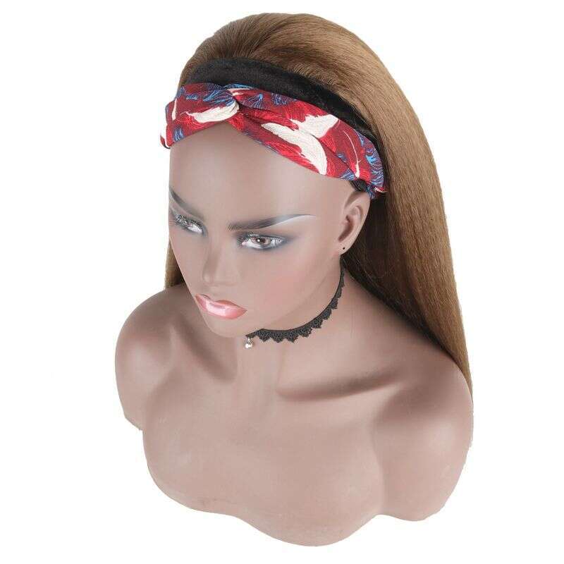 Clip-In Ladies Yaki Black Long Straight Hair Wig Synthetic Fiber Headband Headbandwig